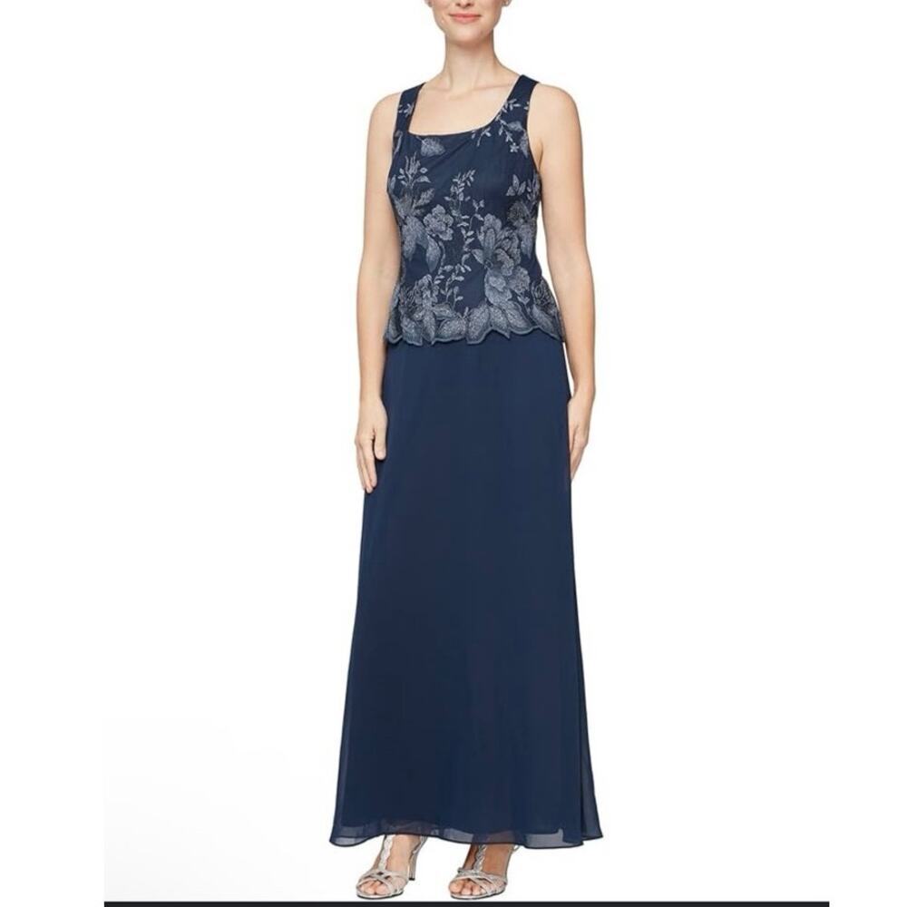 Alex Evenings women's Long Embroidered evening gown dress navy blue size 12 NWT